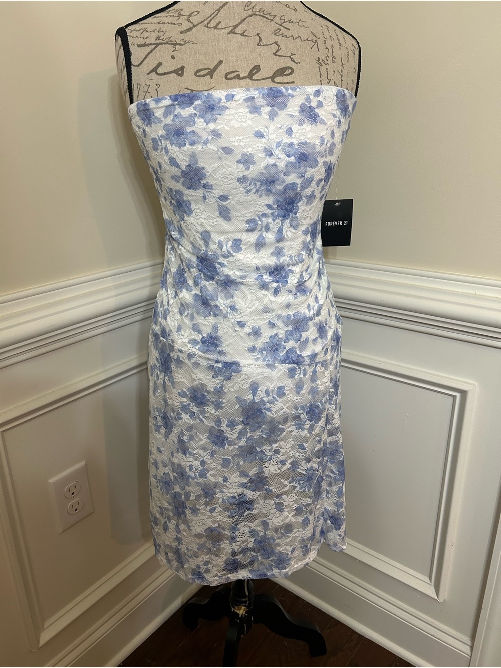 Forever 21 White Strapless Dress with Blue Floral Lace Overlay